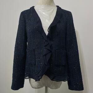 Vince Camuto navy tweed ruffle jacket‎ sz 6 romantic cottagecore Y2K officewear